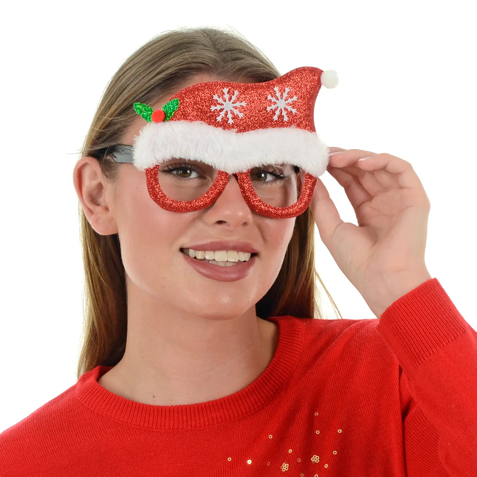 model wears red glitter glasses designed like santa claus hat and finished with snowflake details and faux fur fluffy trim